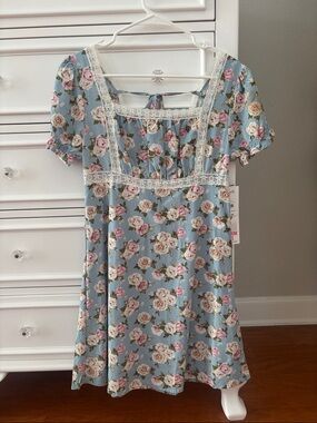 Love Tree Blue Floral Puff Sleeve Dress with Pink and Cream Roses